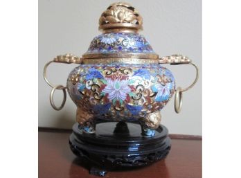 Vintage ASIAN INCENSE BURNER, Colorful CLOISONNE Hand Decorated, With Carved WOOD Stand