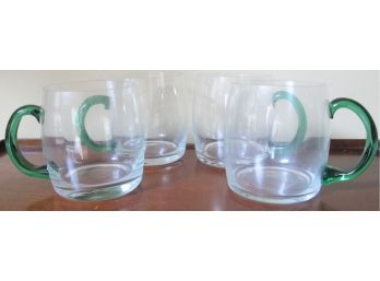 SET OF 4 MUGS, Hand Applied GREEN Handles, Fine Quality Crystal Clear Glass