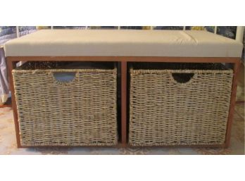 Contemporary 2 DRAWER BENCH, Rattan Style Construction, Upholstered Natural CANVAS Cushion