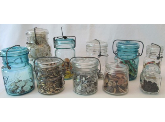 LOT Of 10! Vintage CANNING JARS, TIGHT SEAL, Ball & Atlas Brands, Crystal & BLUE Glass With Button Collection
