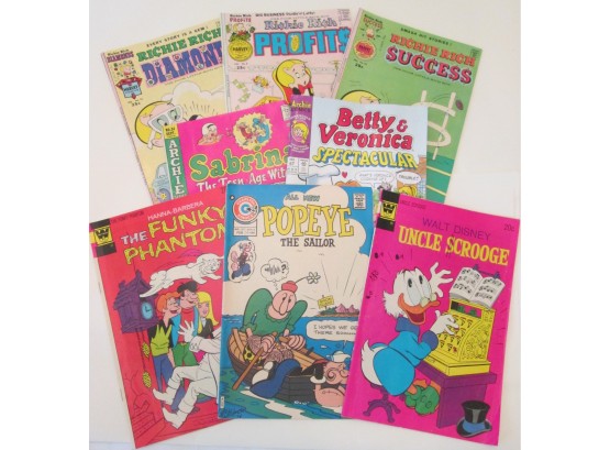 Set Of 8! Vintage COMIC Books Circa 1970s, Richie Rich, Funky Phantom, Uncle Scrooge, Popeye, Sabrina