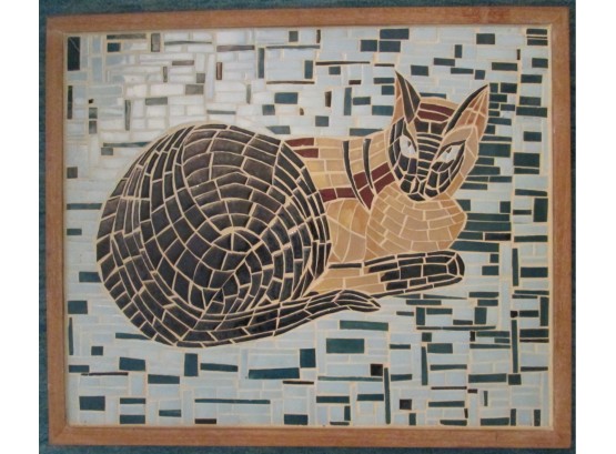 Vintage MCM MOSAIC ARTWORK, Handmade KITTY CAT Design, Glazed Mosiac Tile, Nicely Framed & Detailed