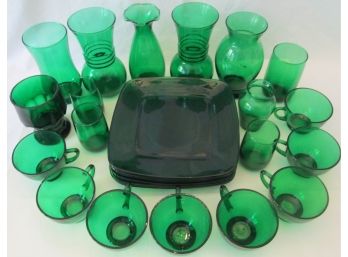 Lot 26 Pieces! Vintage ANCHOR HOCKING Dinnerware, Forest Green Color, Includes Plates, Vases, Tumblers, Cups
