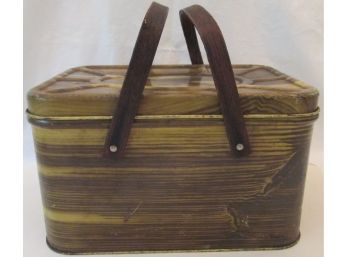 Signed NATIONAL CAN CORP. Vintage Covered PICNIC BREAD BASKET, Wood Grain Finish, Wooden Handles