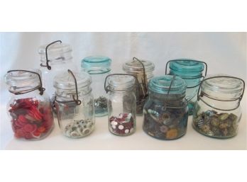 LOT Of 9! Vintage CANNING JARS, Royal Ball & Atlas Brands, Crystal & BLUE Glass, Button Collection