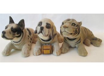 Lot OF 3! Vintage FLOCKED Animal NODDERS, Dogs & TIGER SHAPES, Made In JAPAN, Clay Fabrication