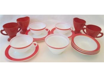 Lot Of 11 Pieces! Vintage PYREX Dinnerware, Flamingo Pink With Gold Trim, Hazel Atlas Ovide Sugar & Creamers