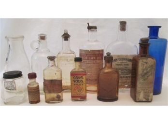 LOT Of 12! Vintage BOTTLES, AM OIL, SAM THOMPSON Whiskey, PALMOLIVE, ROYALL & Others