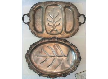 Lot Of 2! Vintage SILVERPLATED Finish, Meat Carving TRAY, Classic Roped & Scroll Borders Pattern