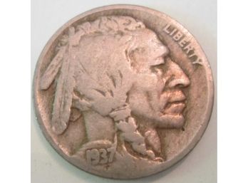 Authentic 1937P BUFFALO NICKEL $.05, United States Type Coin
