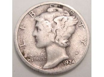 Authentic 1934D MERCURY SILVER DIME $.10 United States