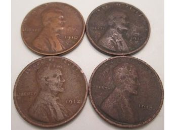 SET Of 4! Authentic 1910P, 1911P, 1912P & 1913P LINCOLN Cent Penny $.01, United States