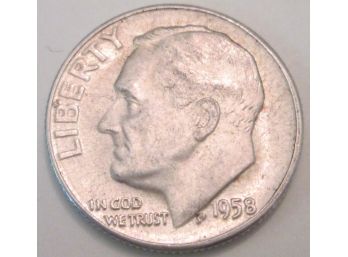 Authentic 1958P ROOSEVELT SILVER DIME $.10, United States