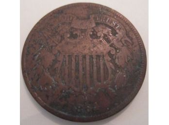 Authentic 1864P COPPER TWO CENT Piece, SHIELD $.02, United States