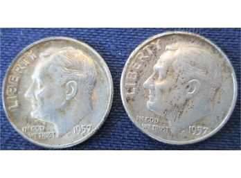 SET Of 2 COINS! Authentic 1957P/D ROOSEVELT SILVER DIMES $.10, United States