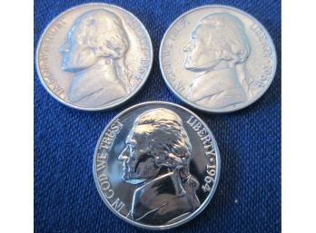 SET Of 3 Coins! Authentic 1964P/D & 1964 PROOF JEFFERSON NICKELS $.05, United States