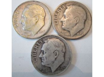 SET Of 3 COINS! Authentic 1947P/D/S ROOSEVELT SILVER DIMES $.10, United States