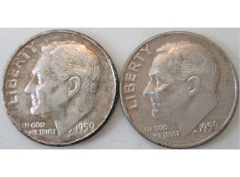 SET Of 2 COINS! Authentic 1959P/D ROOSEVELT SILVER DIMES $.10, United States