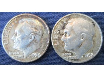 SET Of 2 COINS! Authentic 1958P/D ROOSEVELT SILVER DIMES $.10, United States