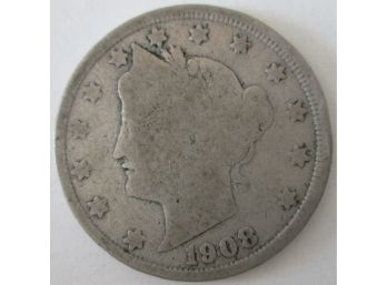 Authentic 1908P 'v' LIBERTY NICKEL $.05, United States Type Coin