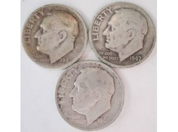 SET Of 3 COINS! Authentic 1947P/D/S ROSSEVELT SILVER DIMES $.10, United States