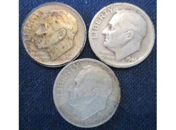 SET Of 3 COINS! Authentic 1946P/D/S ROOSEVELT SILVER DIMES $.10, First Year Of Issue, United States