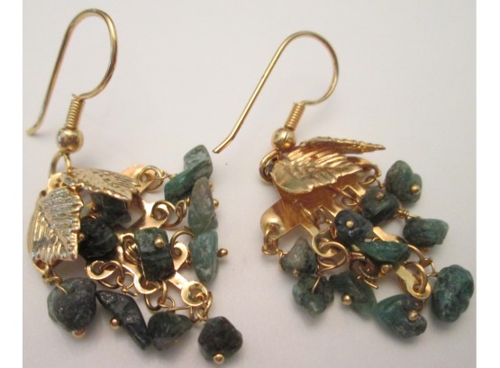 Vintage PAIR Pierced DANGLE EARRINGS With Backings, Leaves With Jade GREEN Color Stones, Gold Tone Base Metal