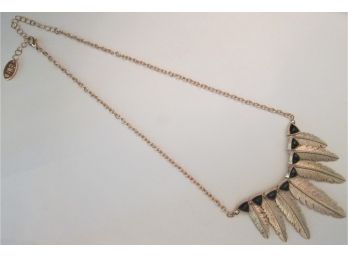 Signed CARA, Vintage Native American Inspired FEATHER  NECKLACE, Triangular Rhinestones, Gold Tone Base Metal
