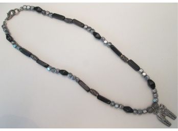 Vintage Tribal Design NECKLACE, Pewter Tone KITTY CAT Pendant, Black & Silver Tone Beads