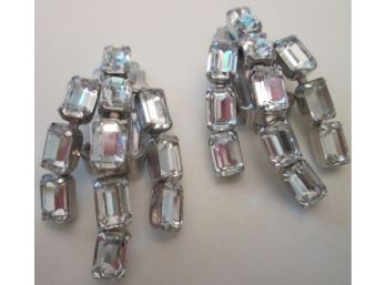 Signed WEISS, Vintage PAIR CLIP EARRINGS, Faceted Crystal Clear RHINESTONES, Silver Tone Base Metal