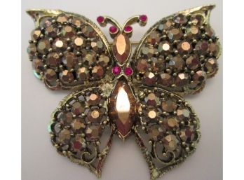 Signed WEISS, Spectacular Vintage BUTTERFLY MARIPOSA BROOCH PIN, Iridescent RHINESTONES, Gold Tone Base Metal
