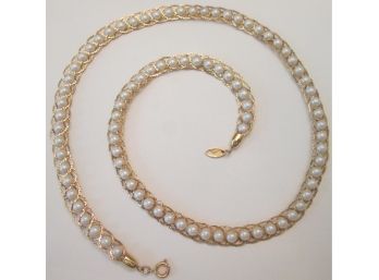 Signed TRIFARI, Vintage BRAIDED NECKLACE, Faux PEARLS With Gold Tone Base Metal Chain & Mechanical Closure