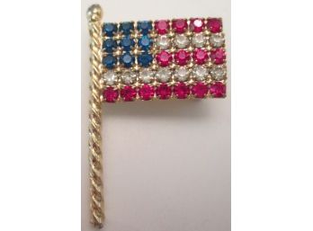 Contemporary BROOCH PIN, AMERICAN USA FLAG Design, Faceted Red White Blue Rhinestones, Gold Tone Base Metal