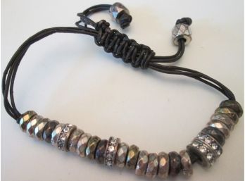 Contemporary BRACELET, RHINESTONE Rondels With Silver Tone Beads, Handmade Braided ADJUSTABLE Expandable