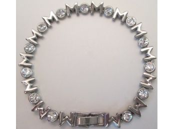 Contemporary CHAIN BRACELET, 'MOM' Crystal Clear FACETED Stones, Silver Tone Base Metal Setting