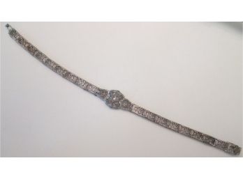 Vintage Filigree Bracelet, STERLING .925 SILVER, Link Construction, Central Rhinestone, AS-IS
