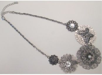 Contemporary BUTTERFLY FLOWERS NECKLACE, Silver Tone Base Metal, Faceted Stones & Faux Pearl, Adjustable