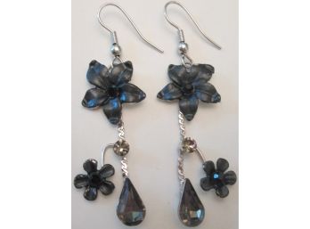 Contemporary FLOATING FLOWERS Pierced Earring Set, Silver Tone Base Metal Construction, Faceted Stones