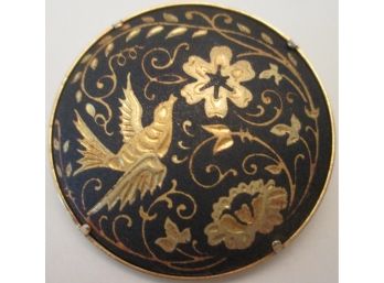 Vintage Disc BROOCH PIN, Black Finish With Incised FLOWERS & BIRD, Gold Tone Base Metal