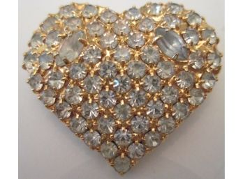 Signed BAUER, Vintage HEART BROOCH PIN, Pave RHINESTONES, Gold Tone Base Metal Setting, Finely Detailed
