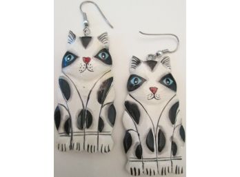 Contemporary PAIR Pierced DANGLE EARRINGS, Whimsical KITTY CATS, Hand Painted, Loop Hooks