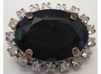 Vintage BROOCH PIN, Emerald Cut BLACK Central Stone, Faceted RHINESTONES, Silver Tone Base Metal Setting