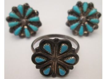 Set 3pcs! Signed Vintage SOUTHWEST Design RING & EARRINGS Natural TURQUOISE Stone, STERLING .925 Silver