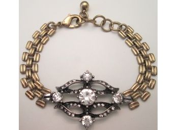 Contemporary CHAIN BRACELET, Crystal Clear FACETED RhineStones, Gold Tone Base Metal Setting, Adjustable