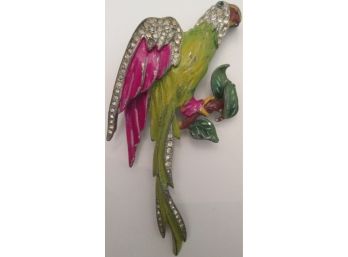 Early Vintage PARROT BROOCH PIN, Decorated Base Metal Setting, Rhinestones, Nicely Crafted