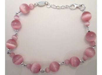 Contemporary BRACELET, Single Strand PINK BEADS, Sterling .925 Silver, Mechanical Clasp, Adjustable