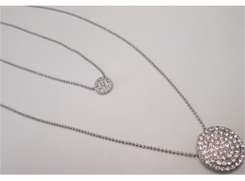 Signed MRILYN SCHIFF Contemporary Dbl STRAND NECKLACE, PAVE Disc Pendants, Adjustable Silver Tone Base Metal