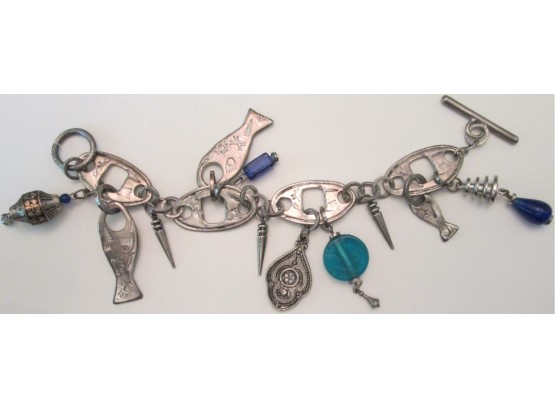 Vintage CHARM Style BRACELET, Novelty FISH With Blue Beads, Silver Tone Base Metal, Link Construction
