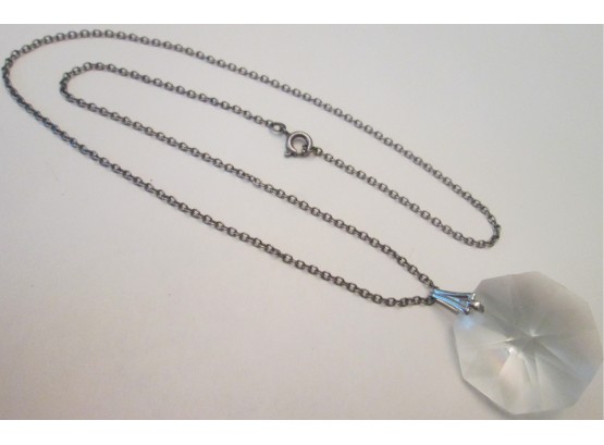 Contemporary Drop Pendant NECKLACE, Octagonal CRYSTAL Faceted Pendant, Silver Tone Base Metal Chain