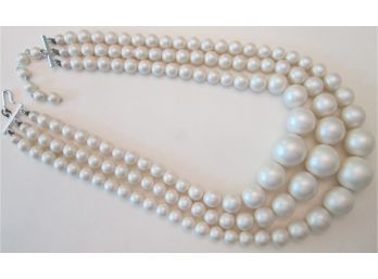 Vintage 3 Strand Faux GRADUATED PEARL NECKLACE 18' Length, Silver Tone Base Metal Closure